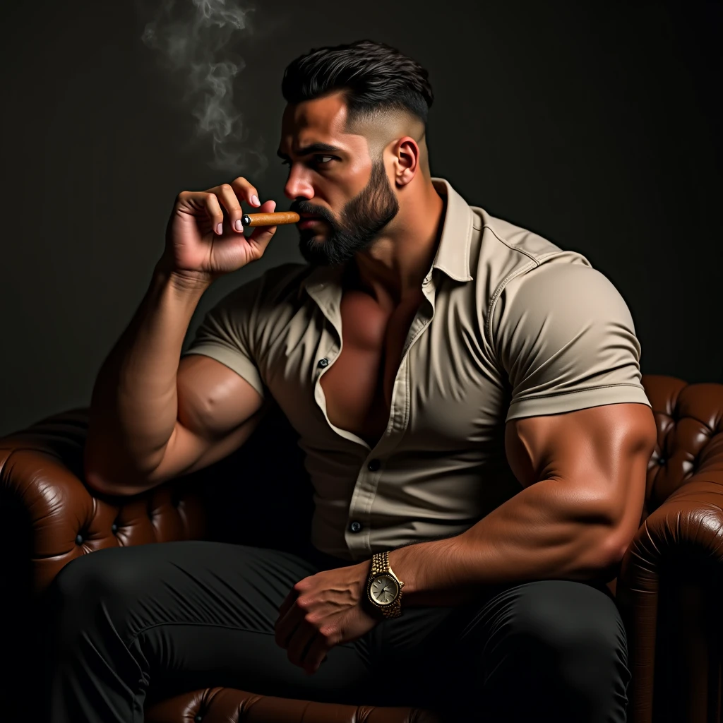 Realistic image, 8K resolution, Latin man, tattooed, looking like a rapper, large nipples, tattoos, beard and mustache, naked, with large penis and testicles, wearing a thong, barefoot, sitting on a chair, with a dildo in his anus, with his feet on a glass table, in his hand he holds a pipe of PNP meet cloud