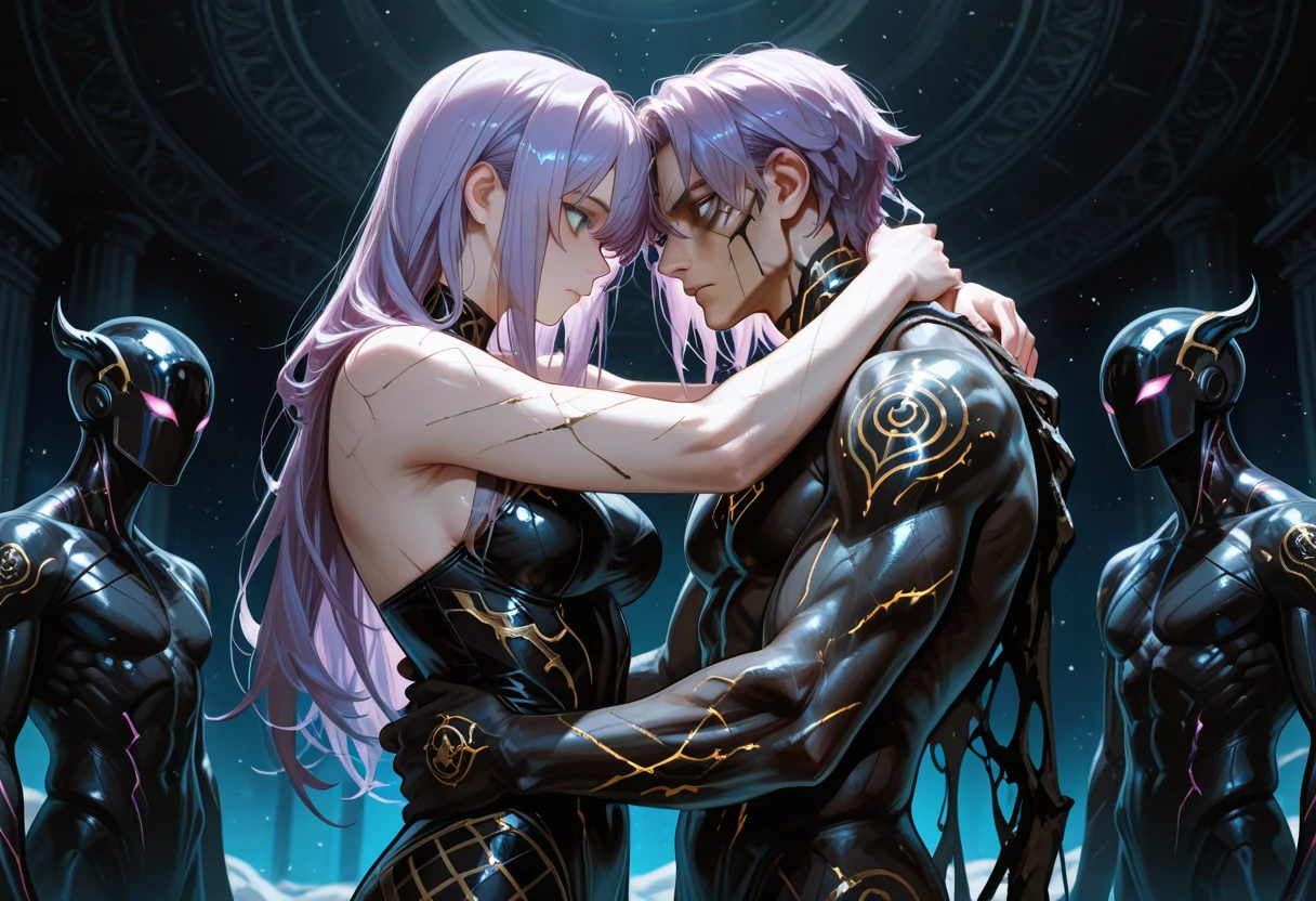 create me a male character with long purple hair yellow eyes especially