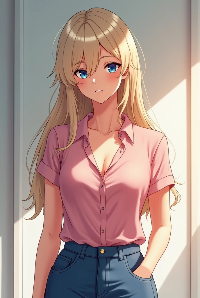 A 30-year-old woman with fair skin, wavy blond hair and (green eyes). She has an (oval face), is of average height and has a slender body. ((She is wearing a blue blouse and jeans.)) {{model style: anime}}, {{blacl background.}}
