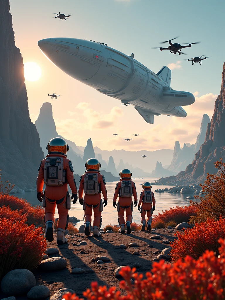 A group of astronauts in advanced exosuits step onto the surface of a new exoplanet, their visors reflecting twin suns in the sky. The alien world features towering bioluminescent plants, floating rock formations, and rivers of liquid methane. In the background, a colossal spaceship hovers above the terrain, deploying robotic drones for exploration. Highly detailed, cinematic lighting, ultra-realistic textures, 8K quality.
