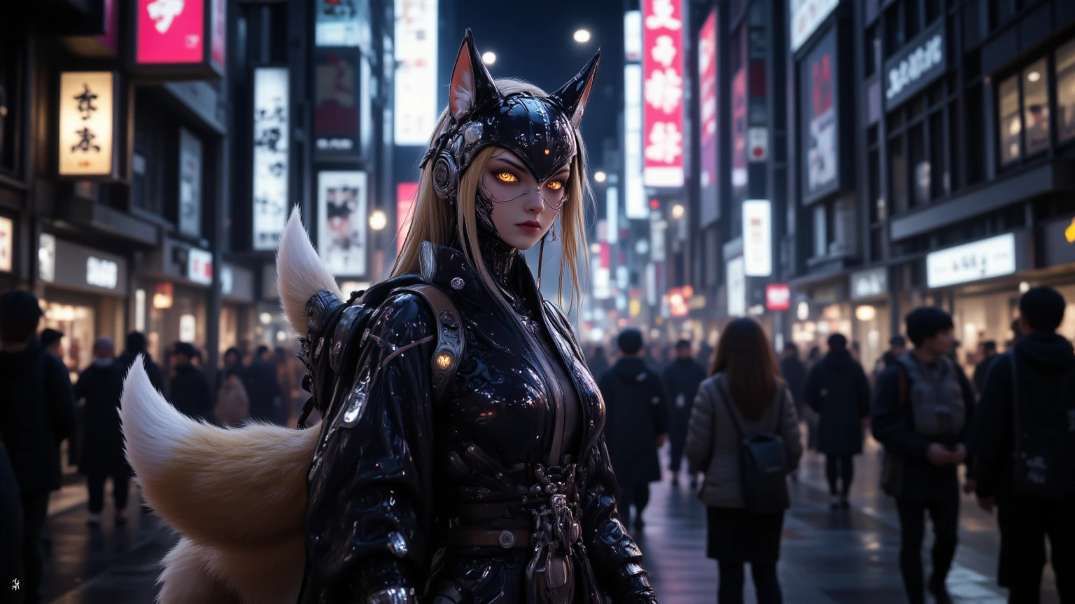 nekoyo chloe, full body, ninja, thighhighs, hair over one eye, solo, tail, cat ears, mask, multicolored hair, sandals, cat tail, black hair, large breasts, dark skin, bare shoulders, mouth mask, standing, ponytail, animal ears, white background, long hair, 1girl, cat girl, fishnets, blonde, scarf, hair, outdoors, moon, <lora:Chloe:0.8>