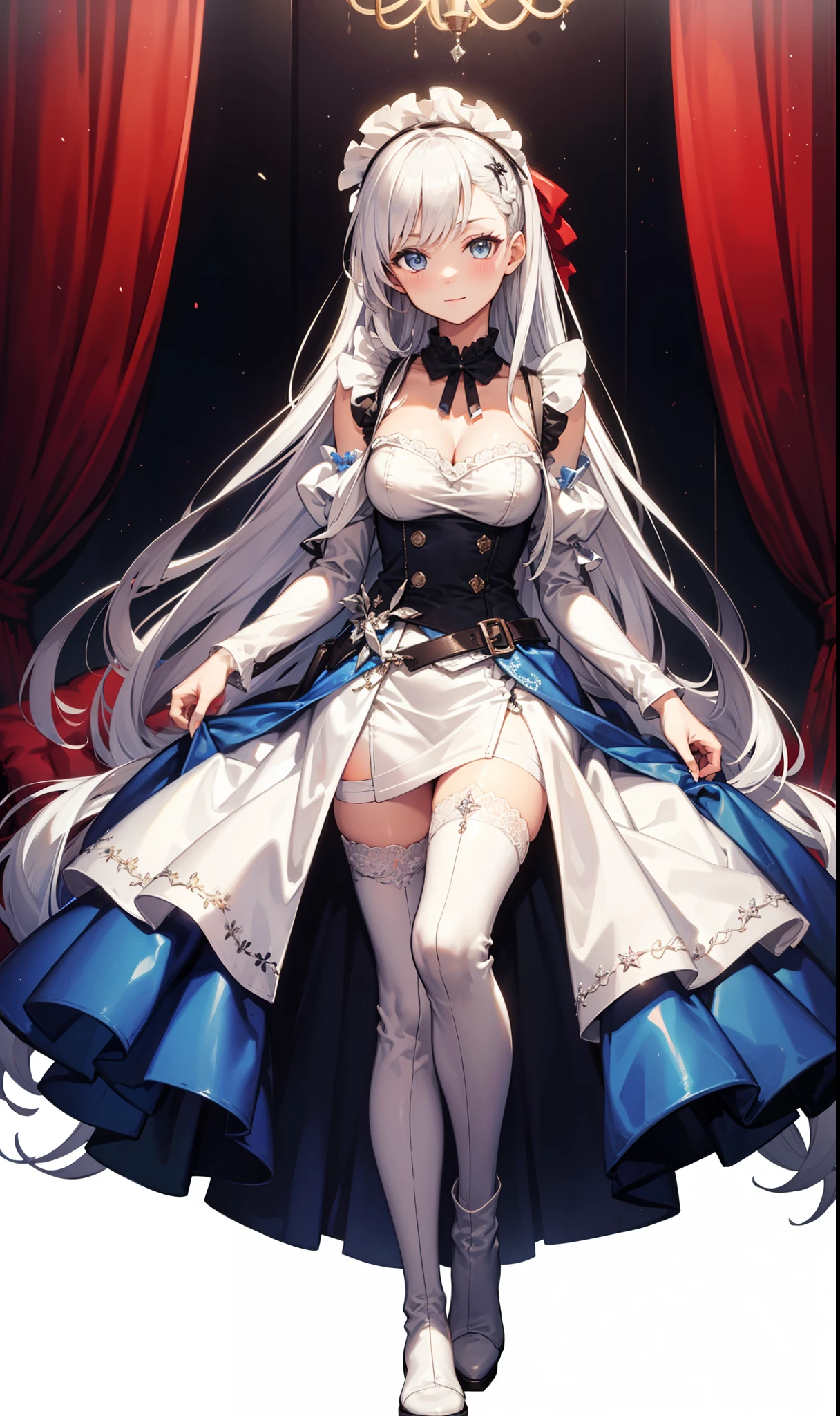 goddess,obsessed,have fun,in love,(White transparent maid uniform,With a long skirt),Silver Hair,Blue Eyes,Transparent Clothes,Exquisite hair accessories,Transparent lace,Sky blue pattern,night,Dress nicely,bedroom,solitary,night,Engraved suspender boots,Beautiful face