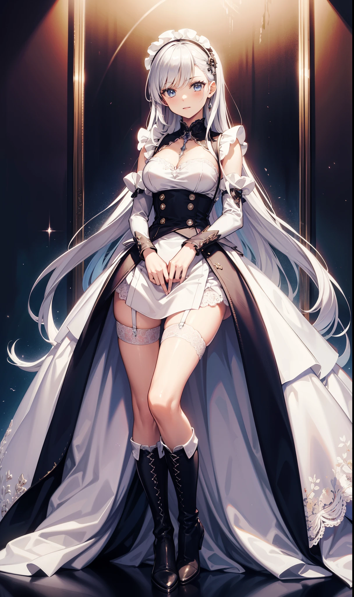 goddess,obsessed,have fun,in love,(White transparent maid uniform,With a long skirt),Silver Hair,Blue Eyes,Transparent Clothes,Exquisite hair accessories,Transparent lace,Sky blue pattern,night,Dress nicely,bedroom,solitary,night,Engraved suspender boots,Beautiful face