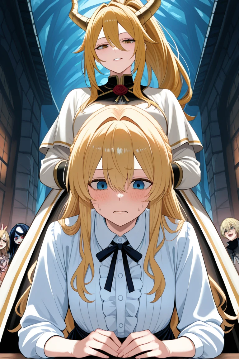 Animated image of two women in maid outfits standing in front of stained glass (Highest quality, In 4K, 8K, High resolution, Pieces fly:1.2),(two women with different hair lengths),Very detailed, (reality, Realistic, Realistic:1.37), 30-year-old woman,Mature woman,((Inside the church),Pieces fly, Highest quality, Ultra-fine,Maximum resolution, Very detailed, ((Droopy eyes,Nuns,Black Dress,Angle from below,High neck,White panties)),code,smile,Open your mouth wide ,blonde,Captivating thighs,mini skirt