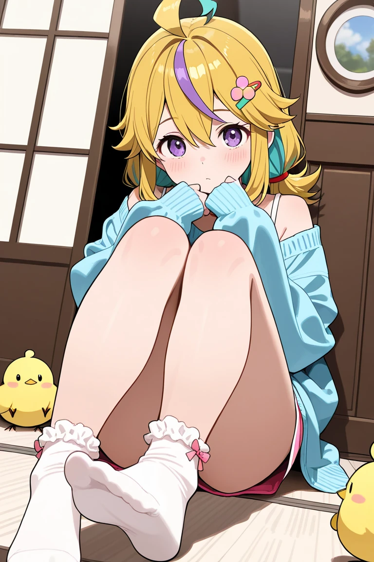 1 girl, solo, Ito, hood with animal ears, white hoodie, blonde hair, glasses, multicolored hair, blue polka dot panties, purple eyes, short hair, skirt, socks,