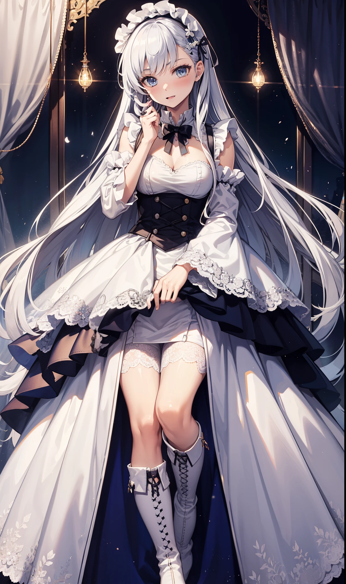 goddess,obsessed,have fun,in love,(White transparent maid uniform,With a long skirt),Silver Hair,Blue Eyes,Transparent Clothes,Exquisite hair accessories,Transparent lace,Sky blue pattern,night,Dress nicely,bedroom,solitary,night,Engraved suspender boots,Beautiful face