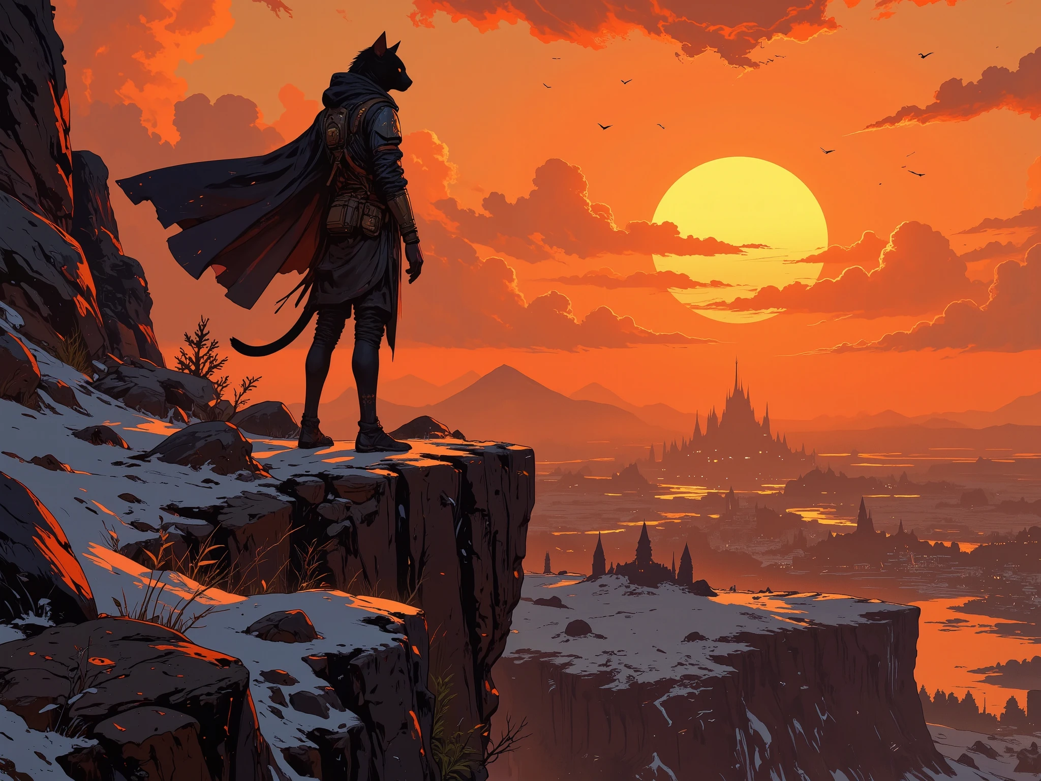 ((dark fantasy), (4k), (epic composition), (blacklight), (best quality), (masterpiece), (highres), (extremely detailed), (immersive background))."Fantasy-style (Dungeons & Dragons-inspired:1.3), featuring a Tabaxi—humanoid feline—standing gracefully on the edge of a cliff. The Tabaxi has sleek black fur with subtle gray stripes (detailed fur texture:1.2), and their silhouette is highlighted by the golden-orange glow of the setting sun. They gaze into the horizon with a serene expression, their sharp feline eyes reflecting the vibrant hues of the sunset.
The background showcases white sand dunes stretching into the distance, resembling snow, as the sun begins to dip below the horizon. (Rich sky details:1.3) include a vivid orange and golden gradient, accented by scattered clouds painted in fiery shades, while flocks of birds soar toward the fading sunlight. The Tabaxi's cloak flows gently in the wind (dynamic motion:1.2), adding movement and emotion to the scene. Style: hyper-detailed, warm and cinematic lighting, smooth textures, clean character lines, and a tranquil yet majestic atmosphere."