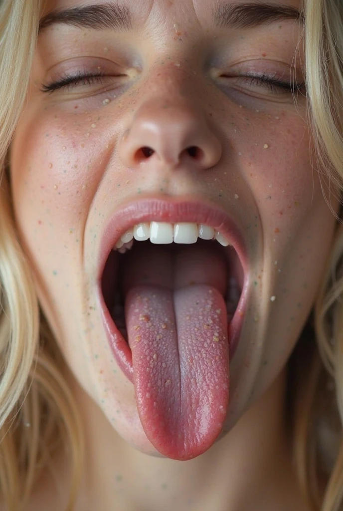 Closeup of a female young Elle Fanning's face, ((Elle Fanning)), actress Elle Fanning when she as 16, mouth very wide open and smiling, eyes opened, long blond messy hair, mouth full of milk, dropping milk from her mouth, extreme skin detail, photorealistic, 8k, wallpaper, kneeling on floor, viewed from above
