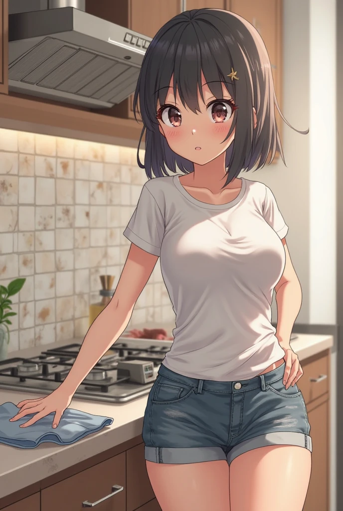 masterpiece, Highest quality, High resolution, MyMiku, Miniskirt Shrine Maiden Clothes,short hair, teeth, , Cowboy Shot, anger, Are standing, locker room,Shirt open,Skirt up to the belly button,(Pink Panties)Panties in full view,Sweat,,semen