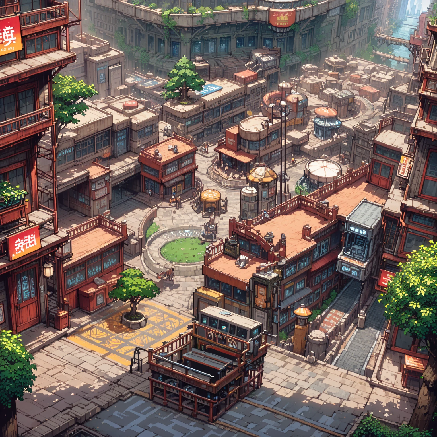 Classic RPG pixel art style, retro video game aesthetic, 8-bit characters, blocky shapes, sharp lines, detailed shading, and vibrant colors. Masterpiece:1.2, ultra-detailed, RPG style. 2D texture, 4K seamless texture, video game texture. Highly detailed ¾th perspective American city blending urban architecture with greenery.

¾th perspective residential areas with brick townhouses, suburban homes with porches, driveways, and modern apartments with balconies, rooftop patios, and fire escapes. Buildings feature mailboxes, dumpsters, graffiti, and tree-lined sidewalks.

¾th perspective skyscrapers with reflective glass, rooftop gardens, neon billboards, and ivy-covered facades. Streets include lampposts, crosswalks, food trucks, and decorative planters.

¾th perspective commercial districts with fast-food diners, coffee shops, grocery stores, and department stores with large display windows. Shopping centers have wide sidewalks, stone benches, and trees.

¾th perspective entertainment areas with movie theaters, sports arenas, and arcade centers. Public plazas feature water fountains, patterned stone walkways, and trimmed hedges.

¾th perspective subway stations with tiled floors, underground tunnels, and graffiti-tagged walls. Bus stops have shelters, benches, and nearby greenery.

¾th perspective urban parks with paved walkways, large trees, fountains, basketball courts, and grassy playgrounds.

¾th perspective rooftops with HVAC units, billboards, water towers, and access stairwells, with treetops visible between buildings.