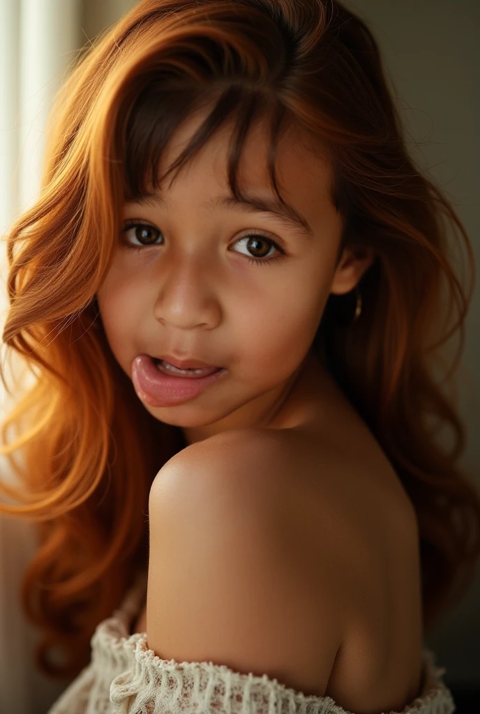 18 year old small  girl with red hair and white brown skin naked on a bed
