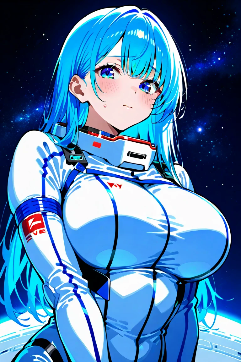 very detailed、masterpiece、high quality、one high school girl、12 years old、、(white and blue space suit)、front zipper、(futuristic, Tight Fit Bodysuit)、headphone、Cyberpunk space station interior background、(colorful light blue hair),Long twin tails, (pink eyes), change,twin tails,sassy change,cheey change,mesugaki,girl,Genius girl、(big breast):1.0,(blush):1.1、Halation、
