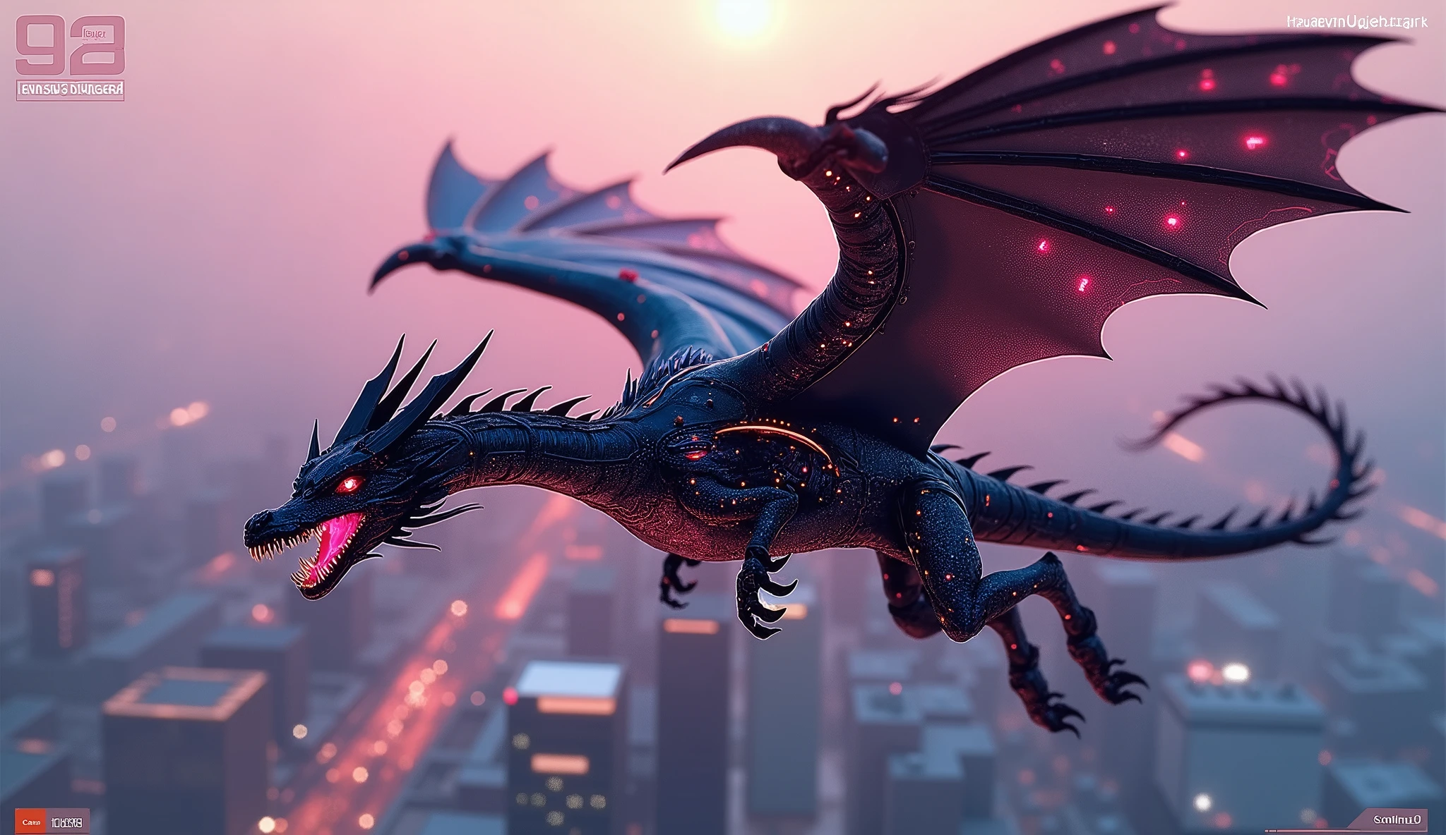 surreal fantasy, cyberpunk, steampunk, neon, A dragon with mechanical wings and glowing circuits, soaring over a futuristic city.: artgerm, highly detailed, ilya kuvshinov, volumetric light, yoshitaka amano, Canon50, infrared