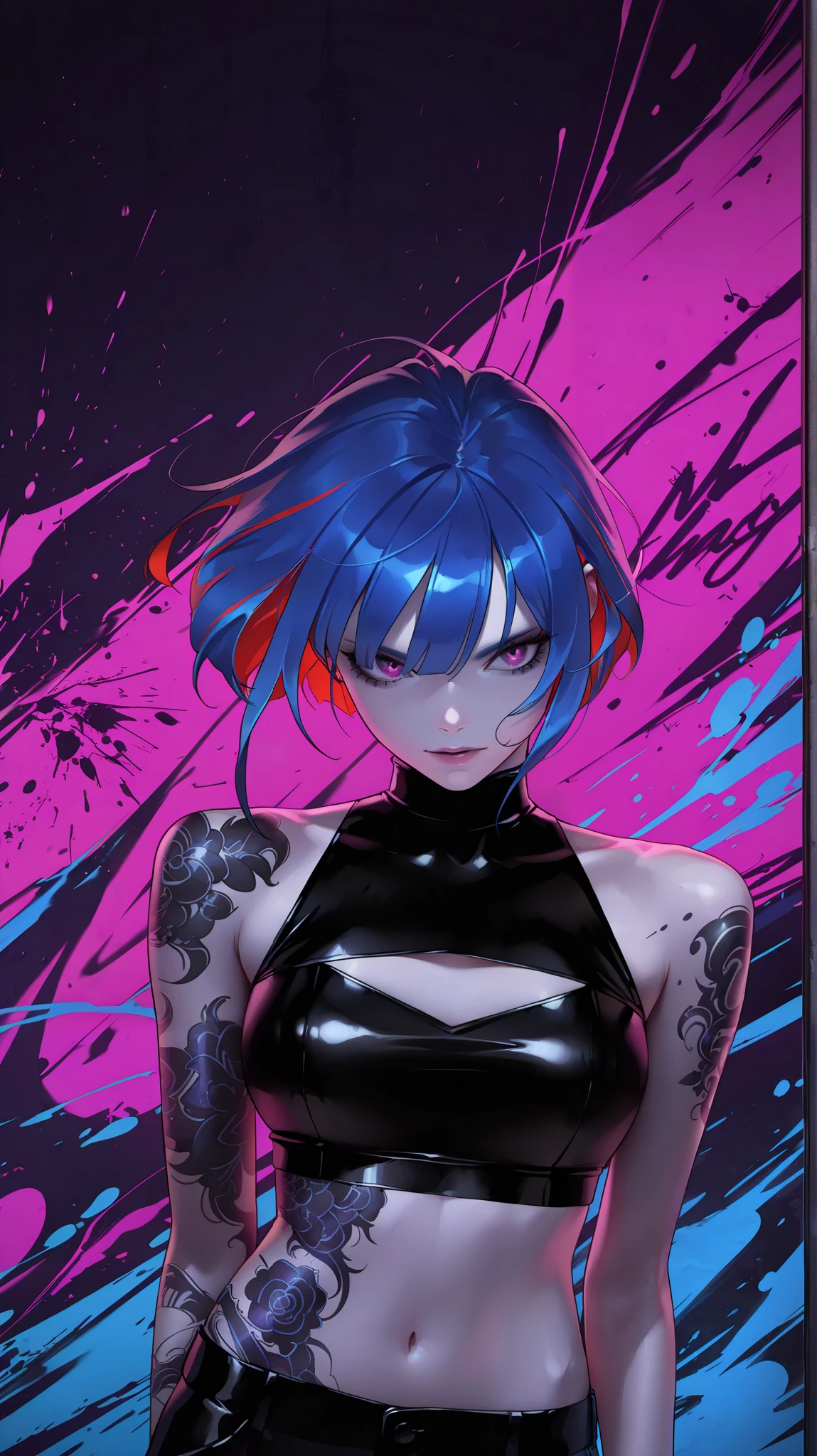 masterpiece, best quality, amazing quality, newest, very aesthetic, 1girl,Image is a digital illustration featuring a stylized, dynamic composition. The central subject is a character with vibrant blue hair styled in a loose, edgy manner, and intense, focused eyes. The character has a light skin tone and is depicted with a confident, assertive expression. They are wearing a black top with cut-out shoulders, revealing tattoos on their arms. The background features abstract, chaotic elements with splashes of pink and purple, adding to the energetic feel. A larger, shadowy figure with red hair looms in the background, creating a sense of depth and tension. The overall color palette is bold and vivid, with strong contrasts between the bright foreground and darker background elements. The artwork conveys a sense of action and intensity, with dynamic brushstrokes and a graffiti-like aesthetic.