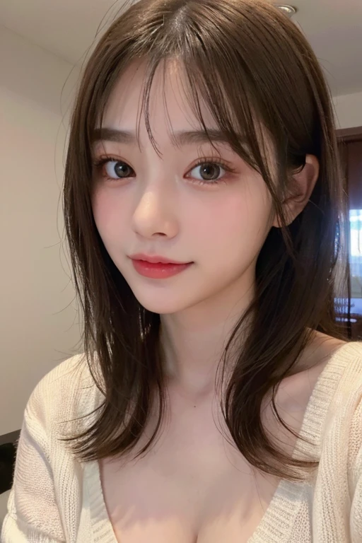 finely, High resolution, high quality、完璧なダイナミックな構figure, beautiful and fine eyes, medium hair, 、natural color lip,Kamimei、Shibuya Ward、20 year old girl、1 person、transparent skin、shining hair、Cafe, 最high quality, figure, super detailed, finely, High resolution, 8K、correct state of the human body、squat、hair flying in the wind、small breasts、camisole、Angle from above、upward glance、smile
