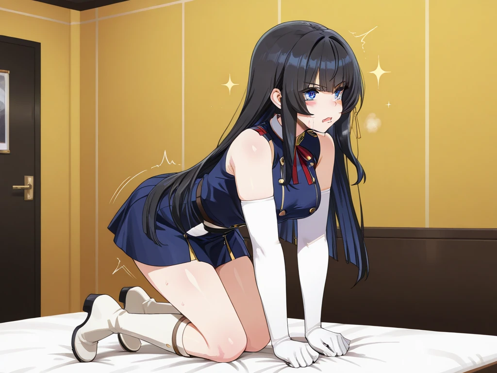 takeda hiromitsu style,(((masterpiece, highest quality:1.3,absurdres))),20 year old beauty,solo,((very small head)),long hair,bangs,Navy Blue Hair,dark blue eyes,shy,medium breasts,((very long body)),((toned body:1.2,slender body)),skinny,gleaming skin,shiny skin,sweat,(Dark blue cheongsam、Short length、Side slits,Thigh),Simple chair、Simple bedroom、