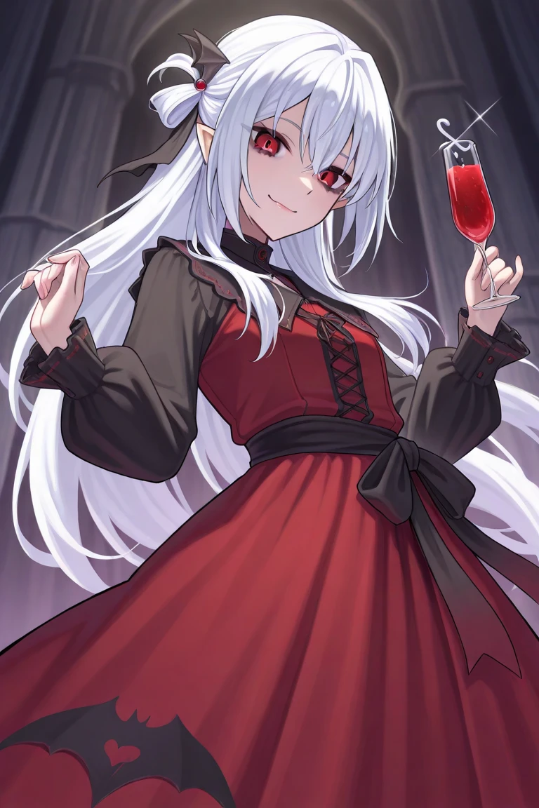 vampire, red alchemy potions, red alchemy potion, potion bottle, glowing red potion, masterpiece, best quality, ultra-detailed, illustration, ultra-detailed face, best quality face, evil, 30 years old, adult, 1girl, 30 years old, no human, white hair, alchemy outfit, intricate detailed outfit