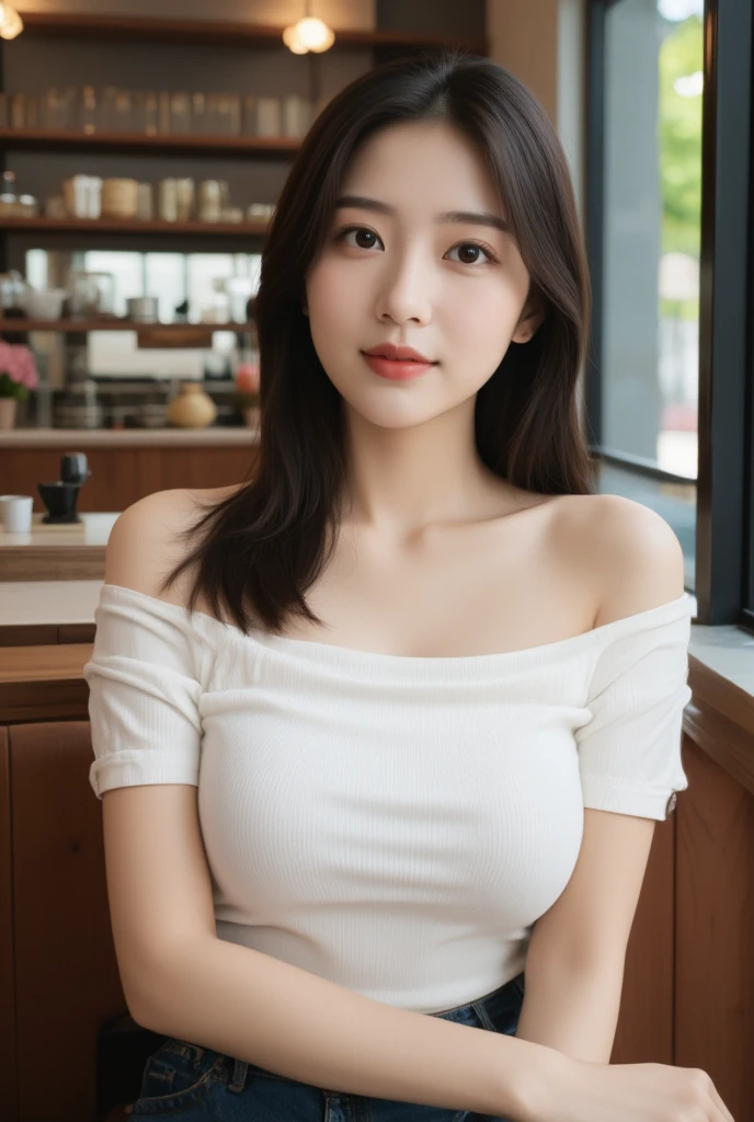 A superb exquisite real beautiful Korean girl, natural straight hair, extremely delicate, straight facial features, peerless beautiful girl, soft, dreamy quality, light white and dark brown, exaggerated facial features, solid color, frank holly, delicate face, bright lips slightly open, slender waist, soft curves, real light and shadow, super fine, 4k, natural moving, realistic, Ultra high resolution, ((at the street food)), (professional pose),(nsfw:1.4), (Topless camisole:1.4),(sitting in the street food shop:1.4), (her hand hiding), (((1 girl))), (various angle:1.4)