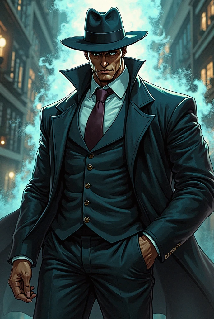 A man with long orange-yellow hair, neatly combed back, leaving a long tuft of bangs, he has slender eyebrows, sharp and intelligent eyes, his face is elongated and lean, he wears a dark Western-style fitted suit, a sleeveless long overcoat on top, a belt wraps around his waist, he wears loose trousers, stands in a luxurious Chinese-style hall, displaying a dignified expression, exuding a powerful aura, emanating a radiant fighting spirit, this character embodies a finely crafted fusion of Eastern and Western influences in a wise and sophisticated in anime style, characterized by a sophisticated and mature manga illustration art style, full body character drawing, high definition, best quality, highres, ultra-detailed, ultra-fine painting, extremely delicate, professional, anatomically correct, symmetrical face, extremely detailed eyes and face, high quality eyes, creativity, RAW photo, UHD, 8k, Natural light, cinematic lighting, masterpiece:1.5