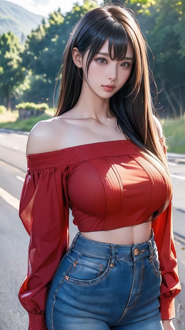 creates a 24-year-old anime girl with blue jeans and a red blouse with straps, wide hips and large breasts with blue eyes in an anime-style urban landscape