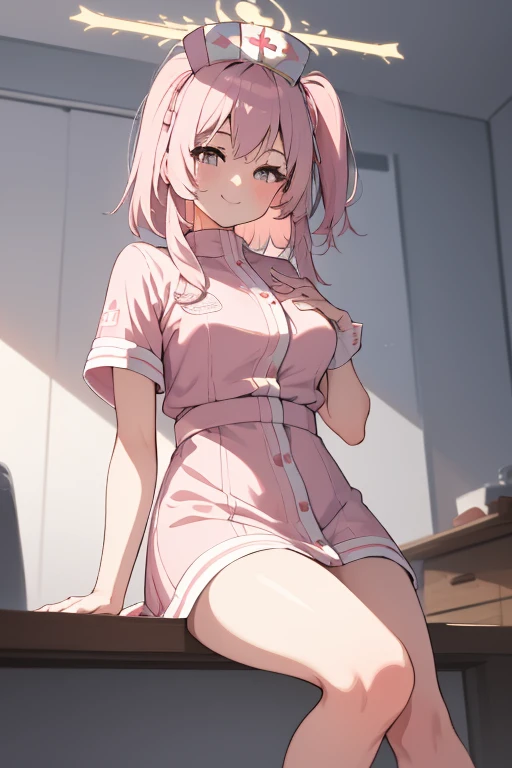 Pink-haired girl,white skirt,white ankle socks,sitting on bed,urine,have to pee,best quality,masterpiece,open mouth,shy,medium breasts,full body,no shoes