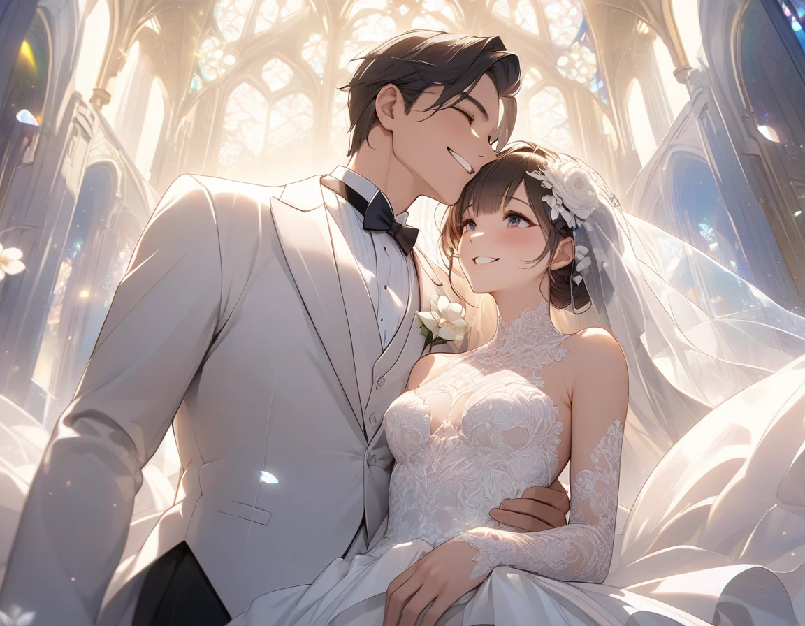 super fine illustration, highly detailed, dynamic angle, beautiful detailed, 8k, In the summer afternoon, in the living room,( BREAK an elderly couple sits on the sofa), cuddling and smiling as they watch the TV screen. (BREAK The TV screen shows a wedding video from their youth), (displaying the younger couple with happy smiles).