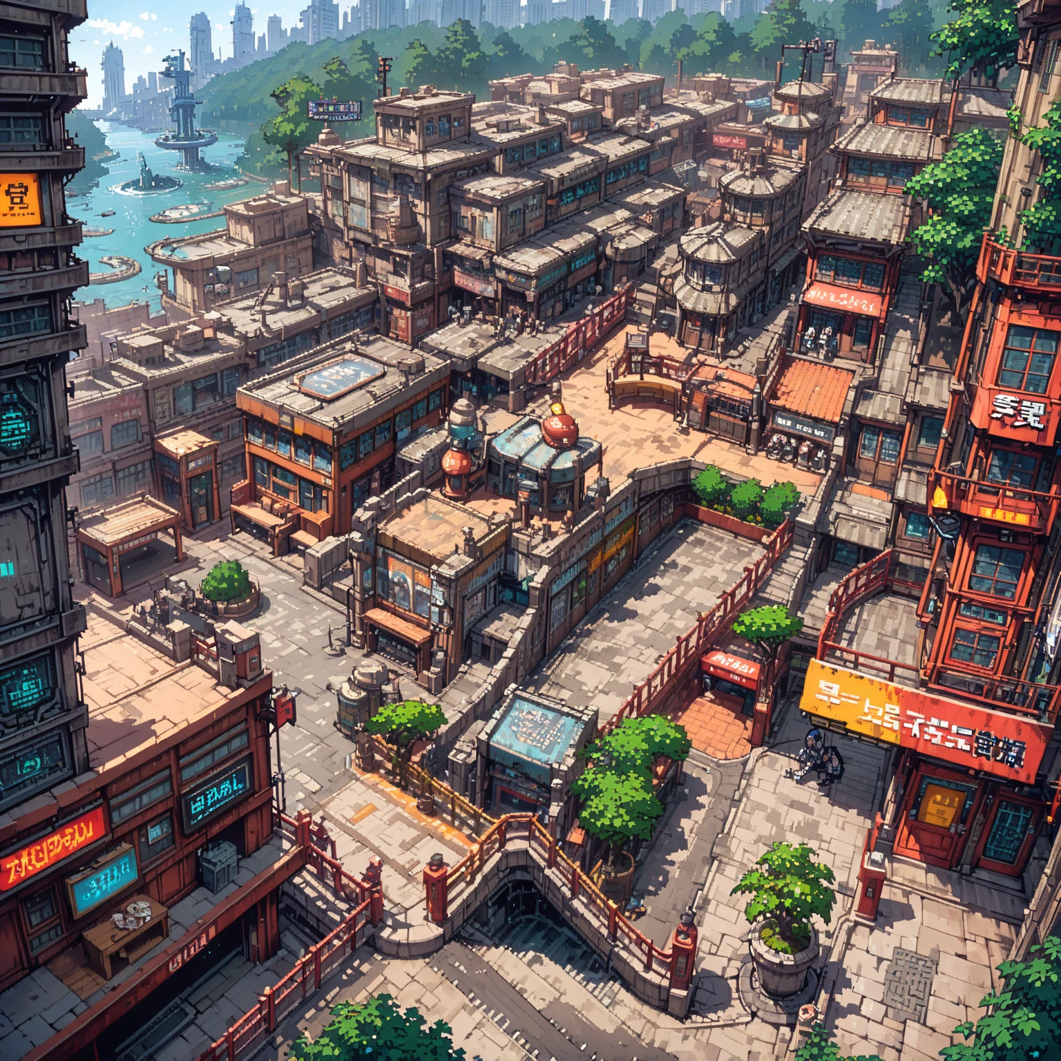 Classic RPG pixel art style, retro video game aesthetic, 8-bit characters, blocky shapes, sharp lines, detailed shading, and vibrant colors. Masterpiece:1.2, ultra-detailed, RPG style. 2D texture, 4K seamless texture, video game texture. Highly detailed ¾th perspective American city blending urban architecture with greenery.

¾th perspective residential areas with brick townhouses, suburban homes with porches, driveways, and modern apartments with balconies, rooftop patios, and fire escapes. Buildings feature mailboxes, dumpsters, graffiti, and tree-lined sidewalks.

¾th perspective skyscrapers with reflective glass, rooftop gardens, neon billboards, and ivy-covered facades. Streets include lampposts, crosswalks, food trucks, and decorative planters.

¾th perspective commercial districts with fast-food diners, coffee shops, grocery stores, and department stores with large display windows. Shopping centers have wide sidewalks, stone benches, and trees.

¾th perspective entertainment areas with movie theaters, sports arenas, and arcade centers. Public plazas feature water fountains, patterned stone walkways, and trimmed hedges.

¾th perspective subway stations with tiled floors, underground tunnels, and graffiti-tagged walls. Bus stops have shelters, benches, and nearby greenery.

¾th perspective urban parks with paved walkways, large trees, fountains, basketball courts, and grassy playgrounds.

¾th perspective rooftops with HVAC units, billboards, water towers, and access stairwells, with treetops visible between buildings.