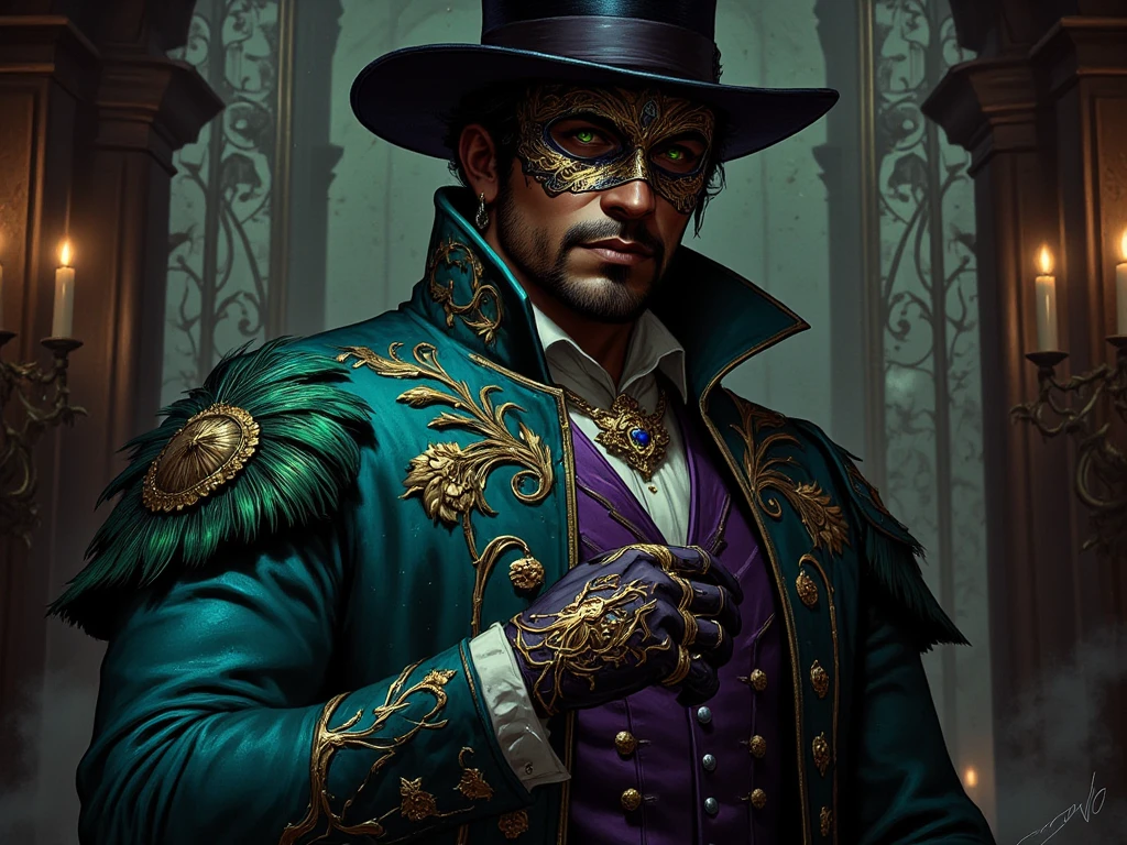 Man in elaborate teal coat, (age:2.1), (ethnicity:1.1),  (detailed clothing:1.2),  (accessories:1.2), (mask:1.3) (peacock feathers:1.2),  (gold embellishments:1.2), (dark black hat:1.2), (dark purple vest:1.2), (gloves:1.1),  posing confidently,  center frame,  facing slightly to the viewer, thoughtful expression,  (detailed facial features:1.3),  (medium build:1.1),  rich teal and deep purple color palette, intricate gold details,  ornate coat embellishments, dramatic lighting,  soft lighting and shadows,  photorealistic style,  art style,  (detailed textures:1.2), historical costume,  masquerade ball aesthetic,  high-quality render.