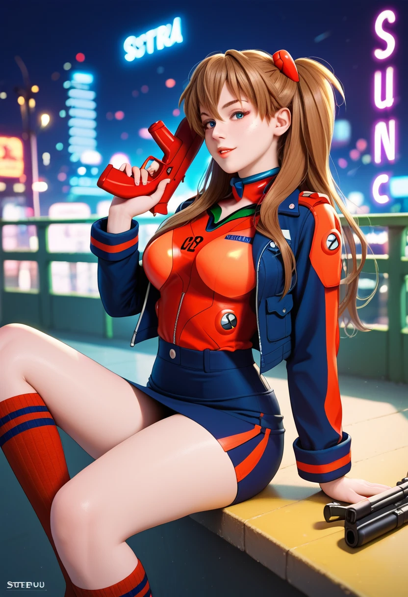 (a lovely woman in cosplay as Cowboy BeBop Fay Valentine with red hairband,holding a pistol),comic convention,illustration,cartoon style,high saturation colors,beautiful detailed eyes and face,long red hair,smiling expression,casually dressed,unique clothing,futuristic setting,excited atmosphere,vibrant background,cosplayers in other costumes,eye-catching,attention-grabbing,interactive environment,cosplay contest,creative make-up,playful poses,dynamic composition,energetic poses (best quality,4k,highres:1.2),ultra-detailed,realistic,artistic lighting,strong contrast,shaded areas,pop art style,comic book feel,sharp lines,stylized characters,brilliantly colored,animated experience,stylized scenery,happy vibes)