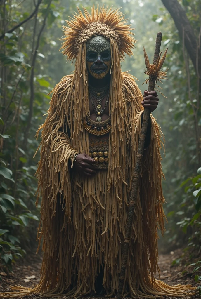 Create a highly detailed image of Omolu, a revered orixá from Afro-Brazilian traditions, standing majestically. He is dressed in his traditional azé, a raffia costume that covers his entire body, including his face, leaving only his eyes visible through the strands. The azé is made of straw-like material, in shades of earthy brown and beige, with intricate patterns woven into the outfit. Omolu's stance is powerful yet humble, holding a xaxará (a ritual staff made of palm leaves and cowrie shells) in one hand. The background should depict a sacred environment, with a sense of mysticism, possibly a crossroads or a serene natural setting, evoking respect and reverence. The lighting should be soft but illuminating, casting a divine glow around Omolu.