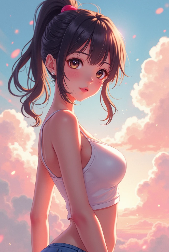 master piece, extremely detailed, high resolution,Makoto Shinkai style、high school girl、1 girl、Upper body only、Colorful and frilly bra、Cute pink panties、Glossy, plump lips、Shiny Hair、Brown Hair、Long Straight Hair、Mid-chest、Narrow waist、Girl's room view、Backwards、Looking up from below、Skirt is held back、Embarrassed look、Looking at me shyly、Red cheeks、