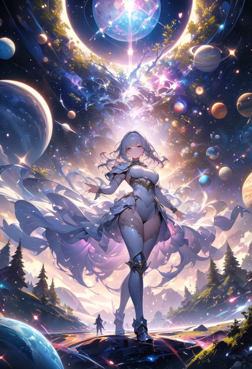 Woman with very long wavy galaxy hair tan skin, massive breast, wearing a beautiful dark majenta glitter dress and smiling up. Little, surrounded by outerspace, planets, and galaxies