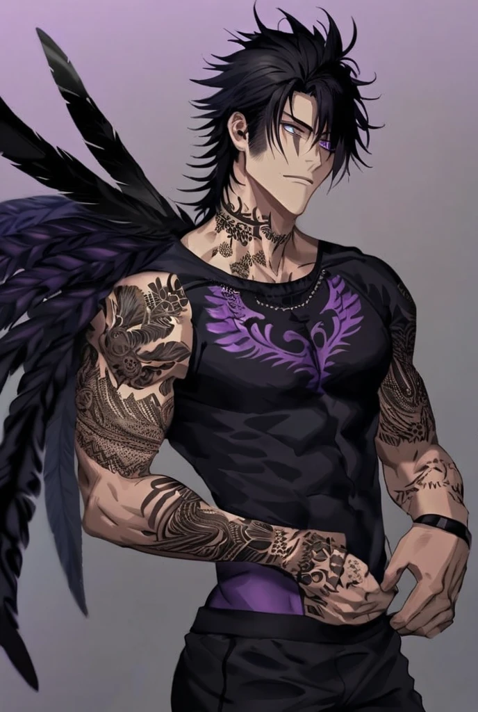man, Thai and Japanese nature, one meter and six inches tall, semi-long black hair, eyes, black pupils, full of scars from knives and gunshots, and some tattoos, very formal black and purple clothing, and his hands, extremely realistic tactical gloves