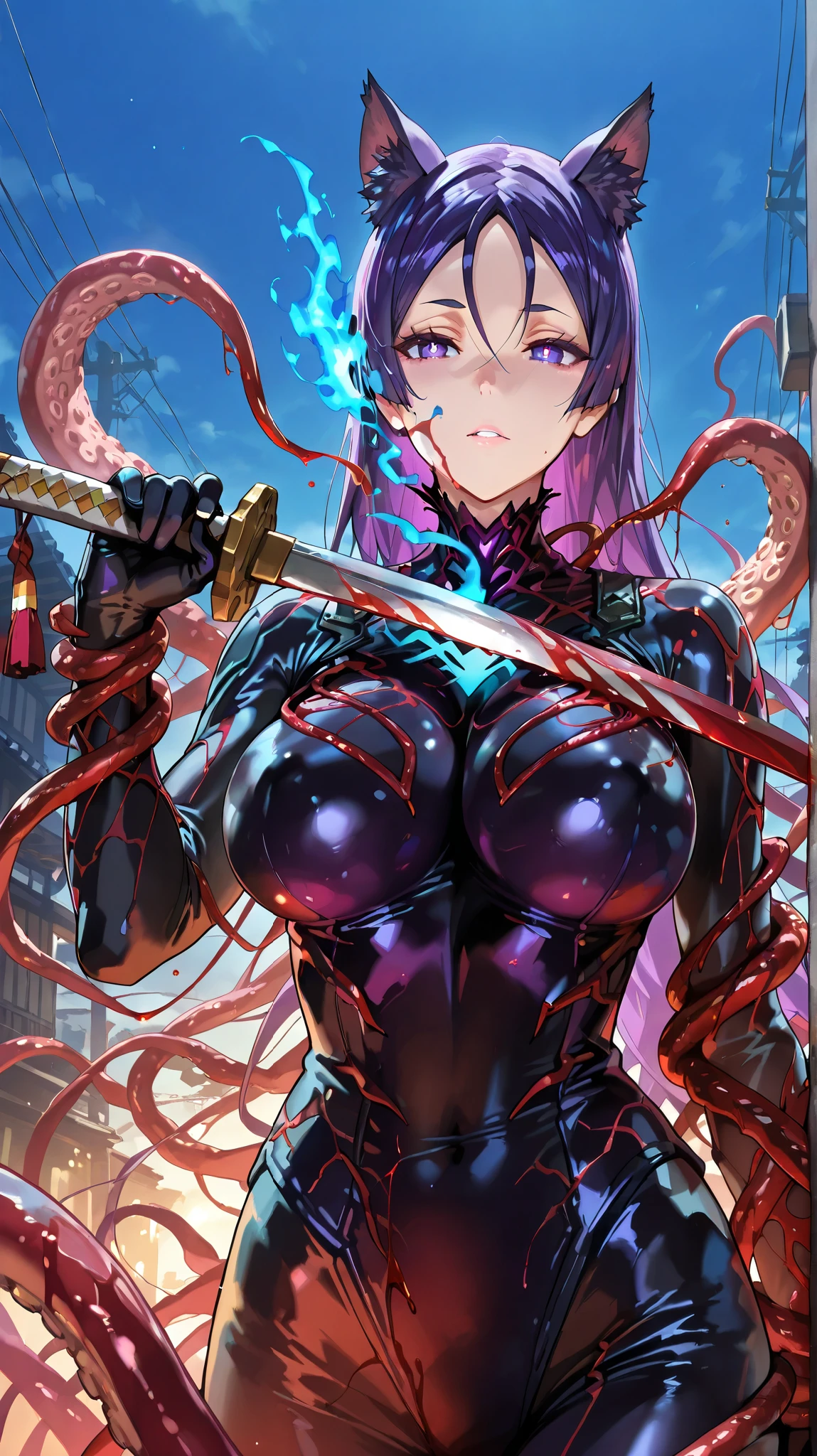masterpiece, top quality, best quality, official art, beautiful and aesthetic:1.2),(8k, best quality, masterpiece:1.2), (((masterpiece))),(((best quality))),(((extremely detailed))), illustration, who, (masterpiece, top quality, best quality, official art, beautiful and aesthetic:1.2),(8k, best quality, masterpiece:1.2), Minamoto no Raikou, Fate Grand Order, purple hair, purple hair, bright pupils, 1girl, weapon, animal ears, sword, holding weapon, solo, holding sword, holding, ((Carnage:1.3)), Carnage (cosplay), symbiote (cosplay), (many tentacles:1.5), ((blood tentacles:1.5)), blue fire, upper body, breasts, outdoors