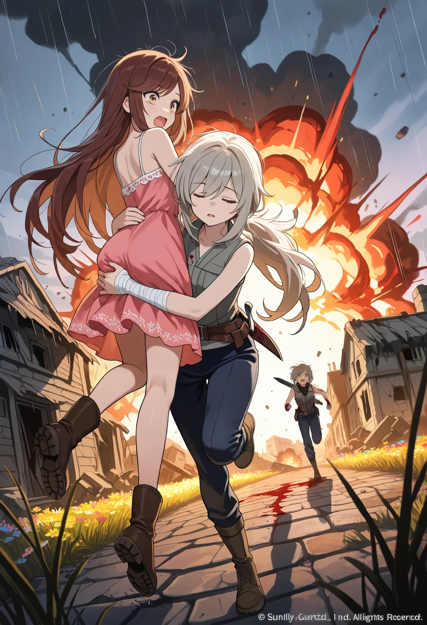(masterpiece:1.2, Best Quality), (finely detailed beautiful eye: 1.2), (beautiful detailed face), scared, hand on ass, carrying, carrying person over shoulder, shoulder carry, alert, dynamic pose, dynamic angle, running, action lines, character: brown hair , sleeping, brown eyes , very long hair , swept bangs thin , small breasts , bare shoulders , pink sundress , backless sundress , bandaged hands , spaghetti strap sundress , sundress with white frill trim , brown belt , brown combat boots , dagger sheathe attached to belt , character: thin , messy hair, yellow eyes , long hair , gray hair , low ponytail , light skin , yellow eyes , ,gray sleeveless vest with white frill trim,thin, light gray sleeveless shirt, dark blue trousers, thin legs, thin thighs, dark red swordbelt, sword sheathe, sword pommel, village ruins, ruined buildings, splintered trees, smoke, dusk, blood, s, blood on clothes, tall grass, colorful flowers, windy, ruffling hair,lil explosion, ash, raining debris, cobblestone, battlefield,