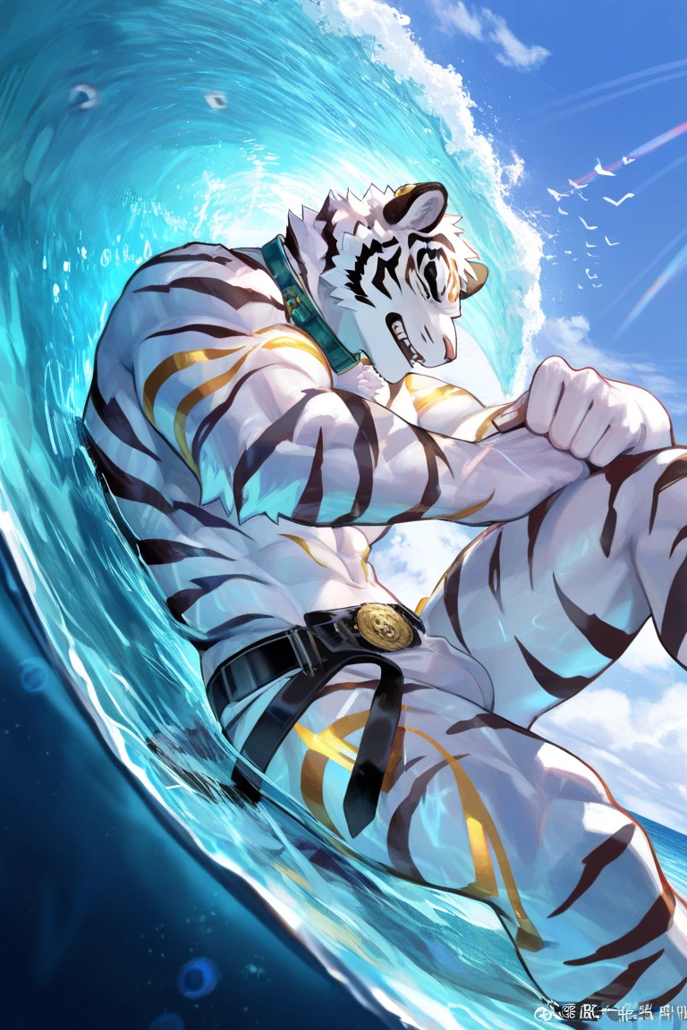 male, Furry tiger, charming, rich, Head only, rich, solitary,White fur,,front Photo,Casual wear,Smile,Zoom in on facial details,Strong body,Avatar size,beach,一人站在Waves中,Waves,Water Splash,shell,Swim rings around your waist
