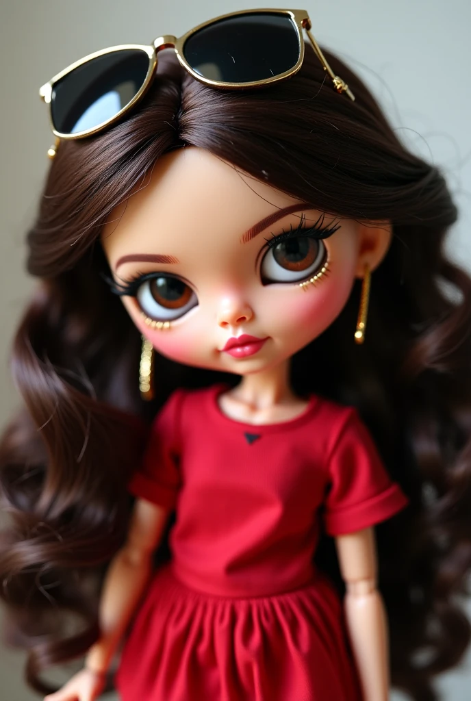 Blythe doll with brown hair, ponytail with everything back, glitters in the eyes, red lipstick and gym suit