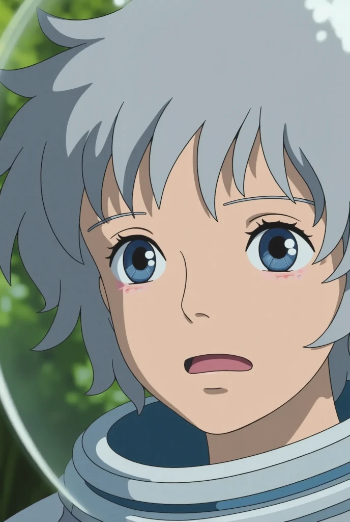 studio ghibli style, Close-up of an improved masterpiece:1.5)0.9], ( Space and Astronauts:1.2) (Messy silver hair:1.1) ( heterochromia: xanthochromia and blue eyes:1.2) (Space helmet:1.0) (Colored stars in their eyes:1.0) (A radiant glow:1.1) (Thick lips:0.9)