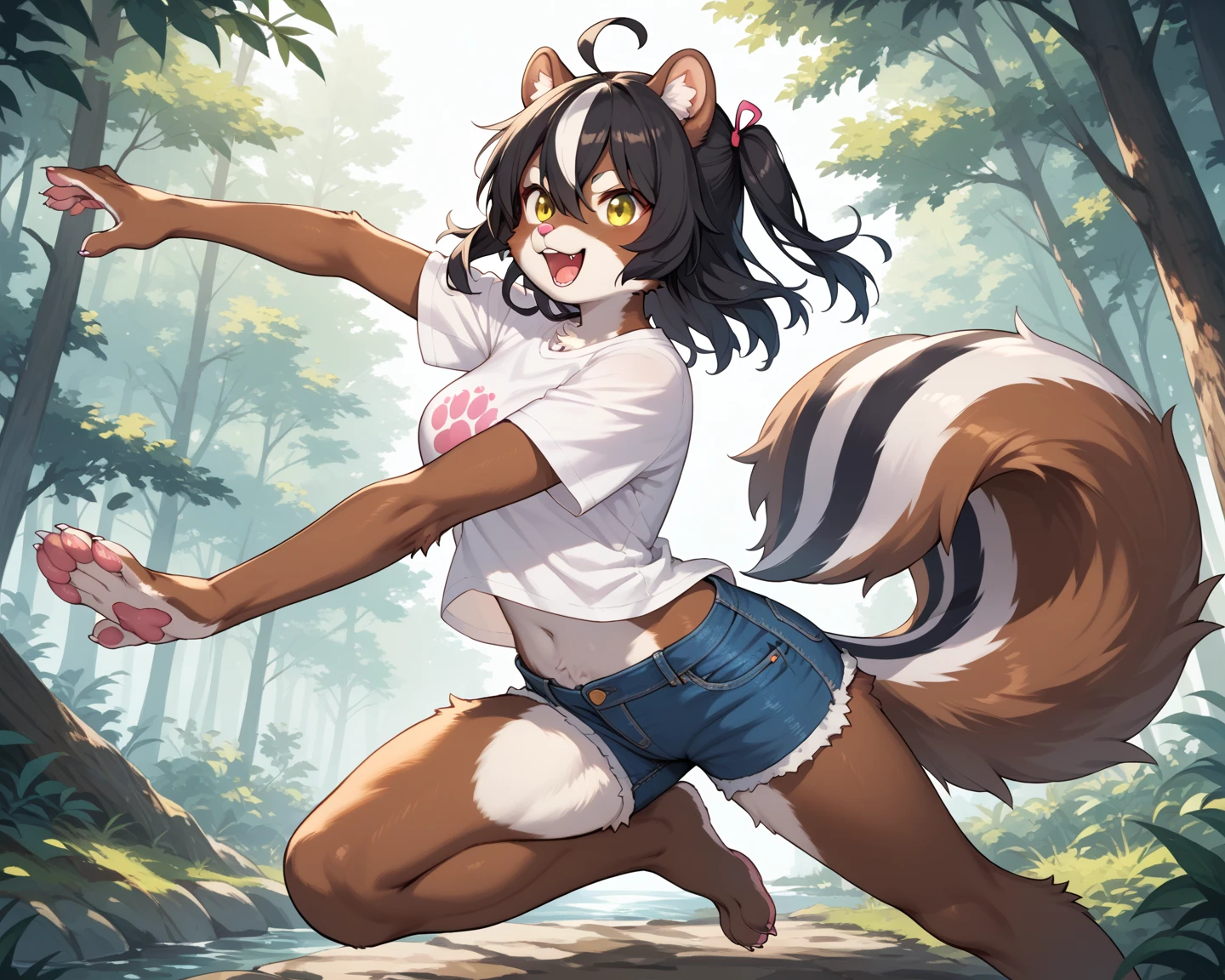 masterpiece, best quality, spring clothing, Colorful hair, ((bunny ears)), outdoor, magazine cover ,upper body,Dance(Very detailed beautiful face and eyes) ridiculous, perfect anatomy ((hairy girl))(((hairy)))(hairy anthro:1.7)((Rabbit facial features, Rabbit physical characteristics))((rabbit muzzle, Highly detailed body fur))whole body (((jump)))elegant ribbon,Sweat, Serious expression, happy smile,