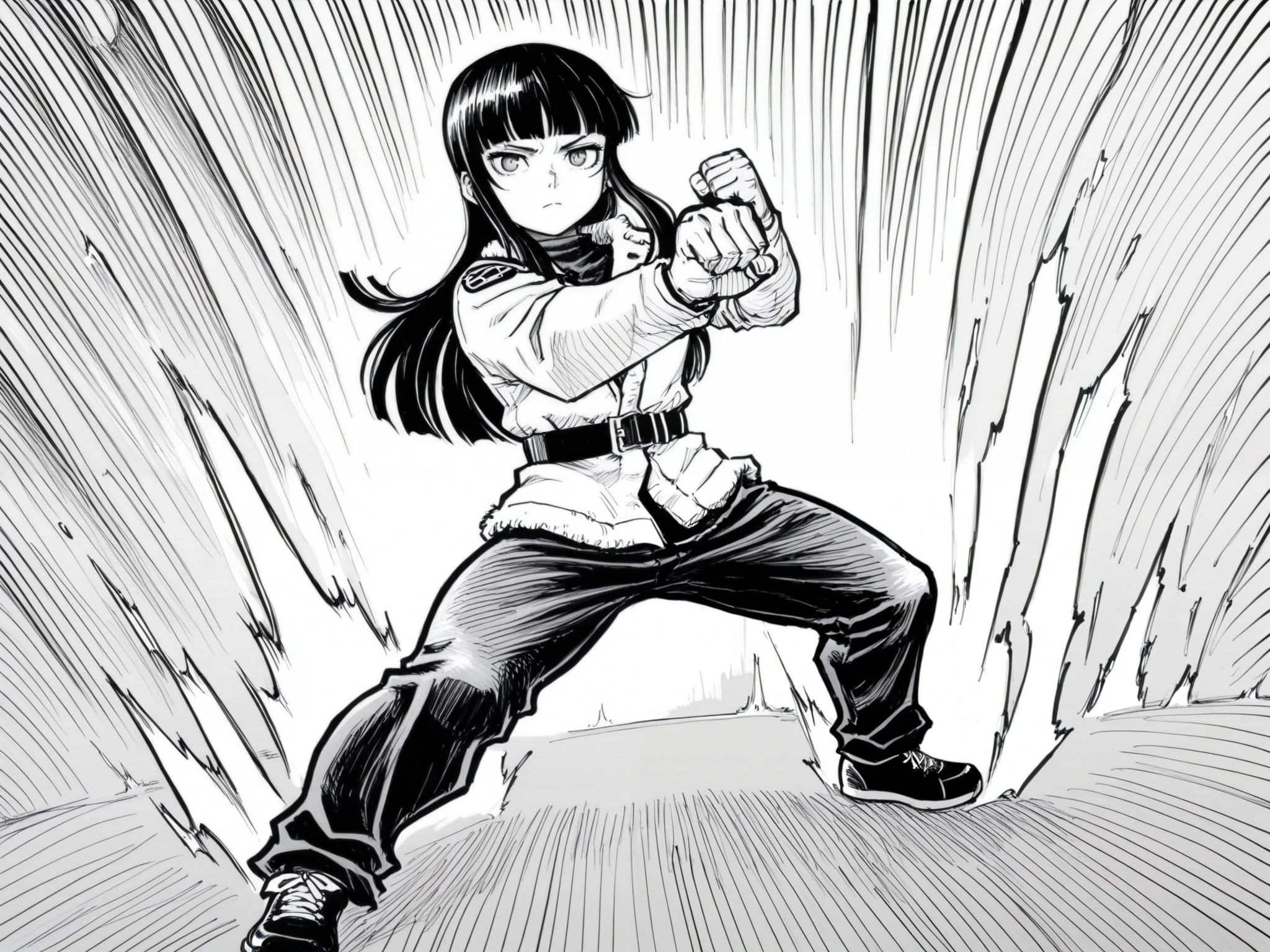 score_9, score_8_up, score_7_up, score_6_up, score_5_up, score_4_up, greyscale, monochrome
BREAK
(masterpiece: 1.0), best quality, perfect anatomy, perfect composition, perfection, manga, linear hatching, crosshatching, contour lines, hatching /texture/, hyperdetailed hatching, hyperdetailed crosshatching
BREAK
gachiakuta, monochrome, use of shape theory, use of anatomy, defined body, defined textures, defined fabric folds
BREAK
1girl, dynamic pose, foreshortening, fight pose, fist closer to viewer, hime cut hair, black hair, grey eyes, open black puffer jacket, black shirt, black pants, black sneakers,