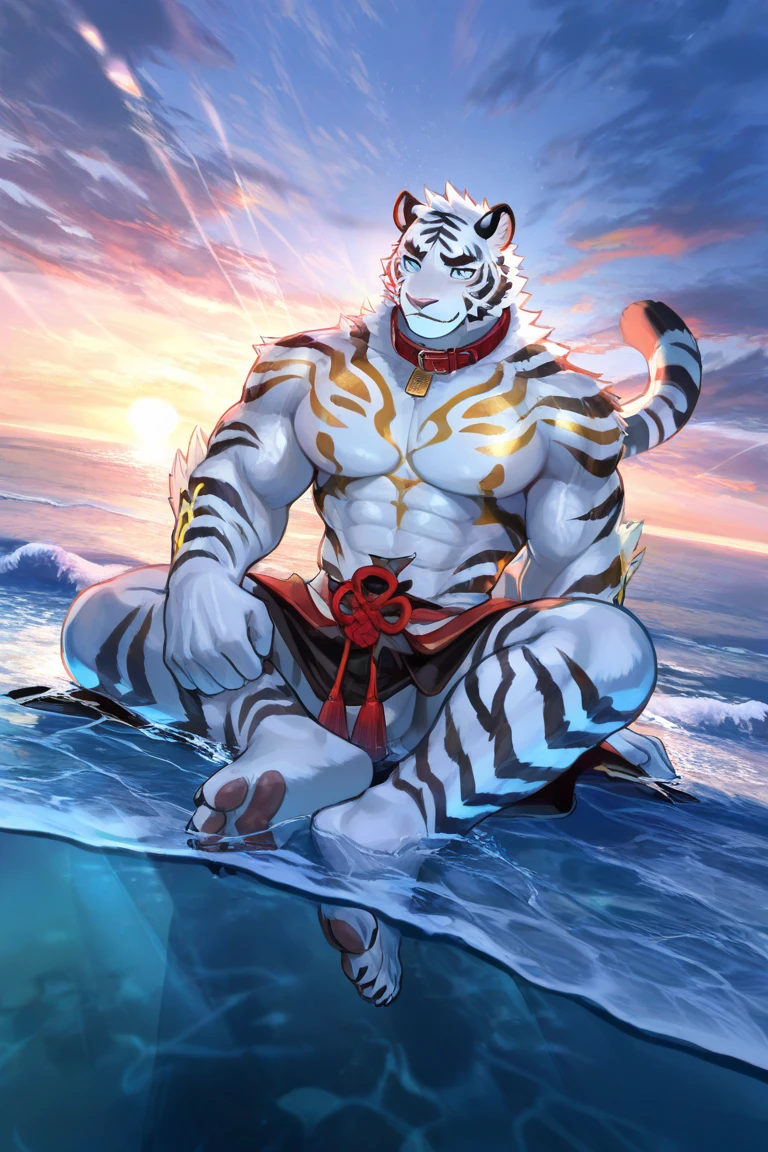 (through empty ghost, From thebigslick, through dark gems, Will chase), Keyuan Tower (Onmyoji Daisenji Temple), High quality photos, Perfect anatomical structure, Anthropomorphic white tiger, Men, 20 years old, thick eyebrows, (Super short hair:1.4), Light blue stripes, Strong body, pectoralis major, Skinny white vest, White shorts, Small bump, Pink Milk Ball, 浸泡在Natural hot springs中, Partially submerged, Open your thighs, One arm raised, (In the valley at night:1.5), Shy expression, blush, Golden pupils, Look up at the audience, Clear facial features, Strong, Solitary, top view, Full body image, Fog atmosphere, Sweaty legs, In the valley, Natural hot springs, White pebbles can be seen everywhere, wild plants, firefly