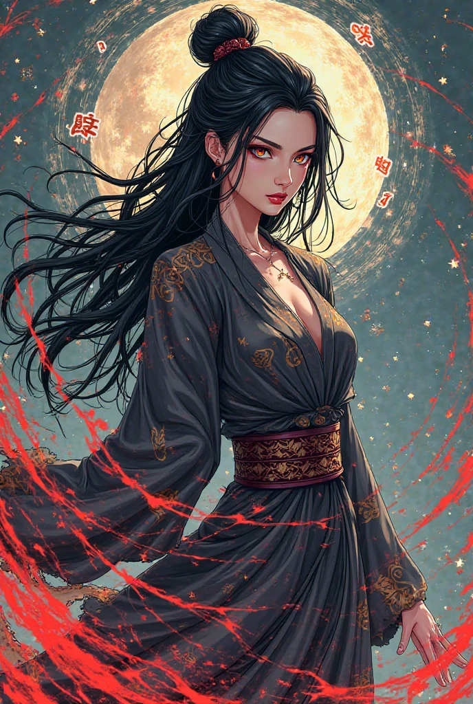 Madara Uchiha. women. raven hair. White skin. Hair on ends. Long hair. Long right side fringe. Red eyes Sharingan. sexy. Elegant dress with front neckline. Punjabi India 