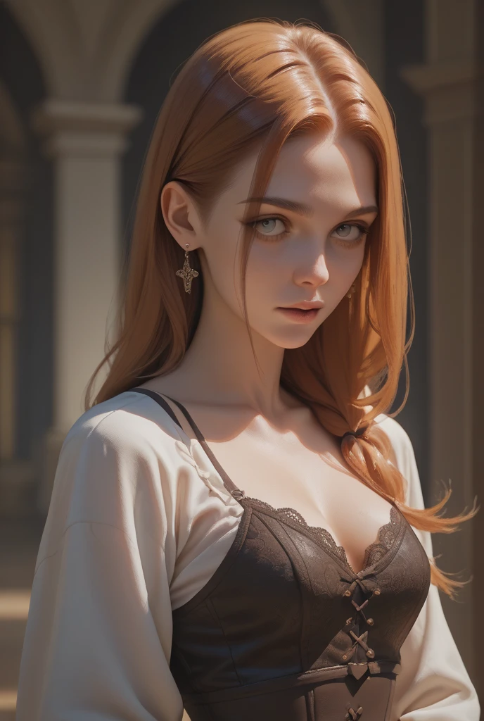 Cinematic footage from Mario Bava horror movie, full medium closeup, a gorgeous 18-year-old woman resembling Bella Thorne, long red hair, soft pale skin, cute and youthful face, well-defined eyebrows, light blue eyes, delicate nose, plump and round lips, walks in an Gothic cemetery at night wearing a white wedding dress, fog and rainy condition, ghostly atmosphere, 1600s, (high skin detail: 1.2), ultra-detailed, photo-realistic, depth of field, cinematic lighting, IMAX camera, HDR, DTM, Full HD, 8k