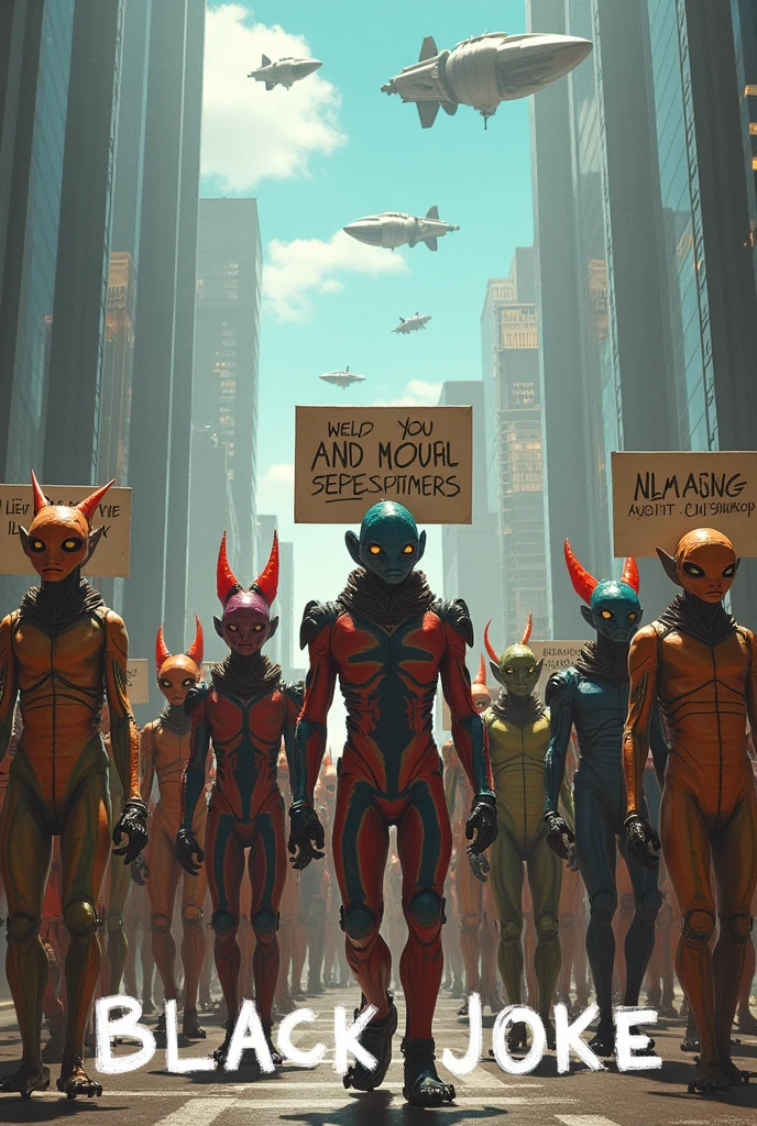 Poster for a science fiction film, the title of the film “Black Joke” is written at the bottom of the picture,
Parade of colorfully costumed aliens marching down a city boulevard,
The aliens carry placards in their hands,
Each placard says “We are refugees”, “We are pitiful”, “Give us citizenship”, “Support us”,
Aliens holding placards, spacecraft waiting in the sky for their turn to land,
The first stage of the invasion,