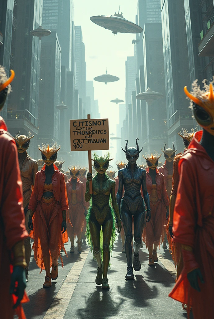 Poster for a science fiction film, the title of the film “Black Joke” is written at the bottom of the picture,
Parade of colorfully costumed aliens marching down a city boulevard,
The aliens carry placards in their hands,
Each placard says “We are refugees”, “We are pitiful”, “Give us citizenship”, “Support us”,
Aliens holding placards, spacecraft waiting in the sky for their turn to land,
The first stage of the invasion,