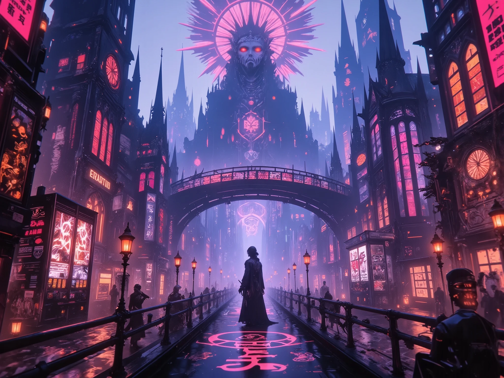 (Background details:1.5), (motion blur:1.2) A sprawling underworld cityscape rises beyond the veil, blending gothic architecture with futuristic neon-glow technology. Towering gothic skyscrapers stretch into an eerie, mist-laden sky, their spires adorned with flickering ghostly lanterns and intricate stained glass windows that pulse with the memories of lost souls. Between the towers, karma vending machines hum softly, their holographic screens displaying the weight of one’s deeds—offering redemption, reincarnation, or a shortcut into oblivion. The streets are alive with the ethereal presence of regret recyclers, spectral beings draped in flowing midnight robes, carefully extracting sorrow from lingering spirits and weaving it into shimmering threads of fate. The air glows with a haunting blend of deep purples, electric blues, and spectral golds, casting long shadows over the winding streets paved with engraved obituaries. In the distance, the Bridge of Forgetfulness has become a viral phenomenon—souls posing for otherworldly snapshots before stepping into the unknown. The Underworld’s skyline is punctuated by grand cathedrals of lost time, where forgotten prayers whisper through towering stained-glass spires. Amid the supernatural grandeur, a lone traveler—a soul caught between worlds—stands at a crossroads, contemplating their fate under the neon-lit gaze of a digitalized King of Hell, his obsidian throne suspended above the city, monitoring the balance of existence with glowing crimson eyes.