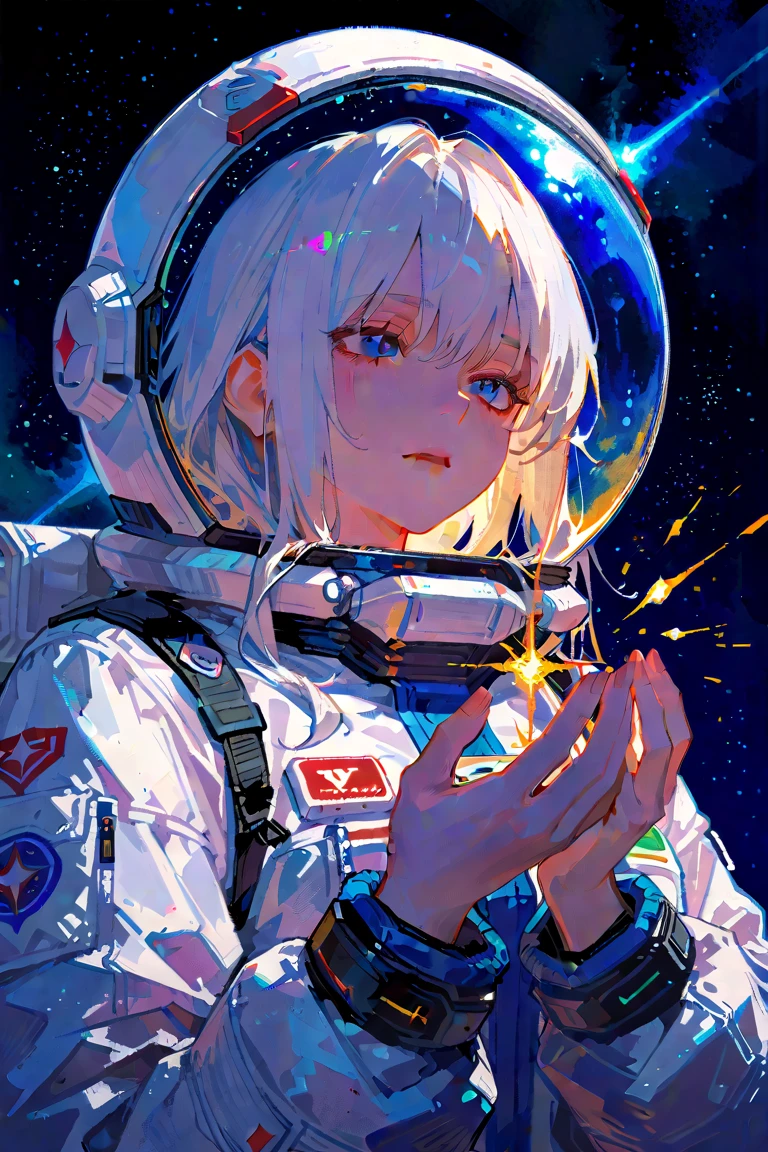 점수_9, 점수_8_위로, 점수_7_위로, Solo, Watercolor, 1 female, long hair, white hair, blue Eyes, wear space suit, Space Helmet, skin, Stellar Migration background, master piece, handsome, best quality, impasto, perfect face, adult female, full-body portraits, delicate hand, overwhelming, Sharp Eyes, colorful, staying in space