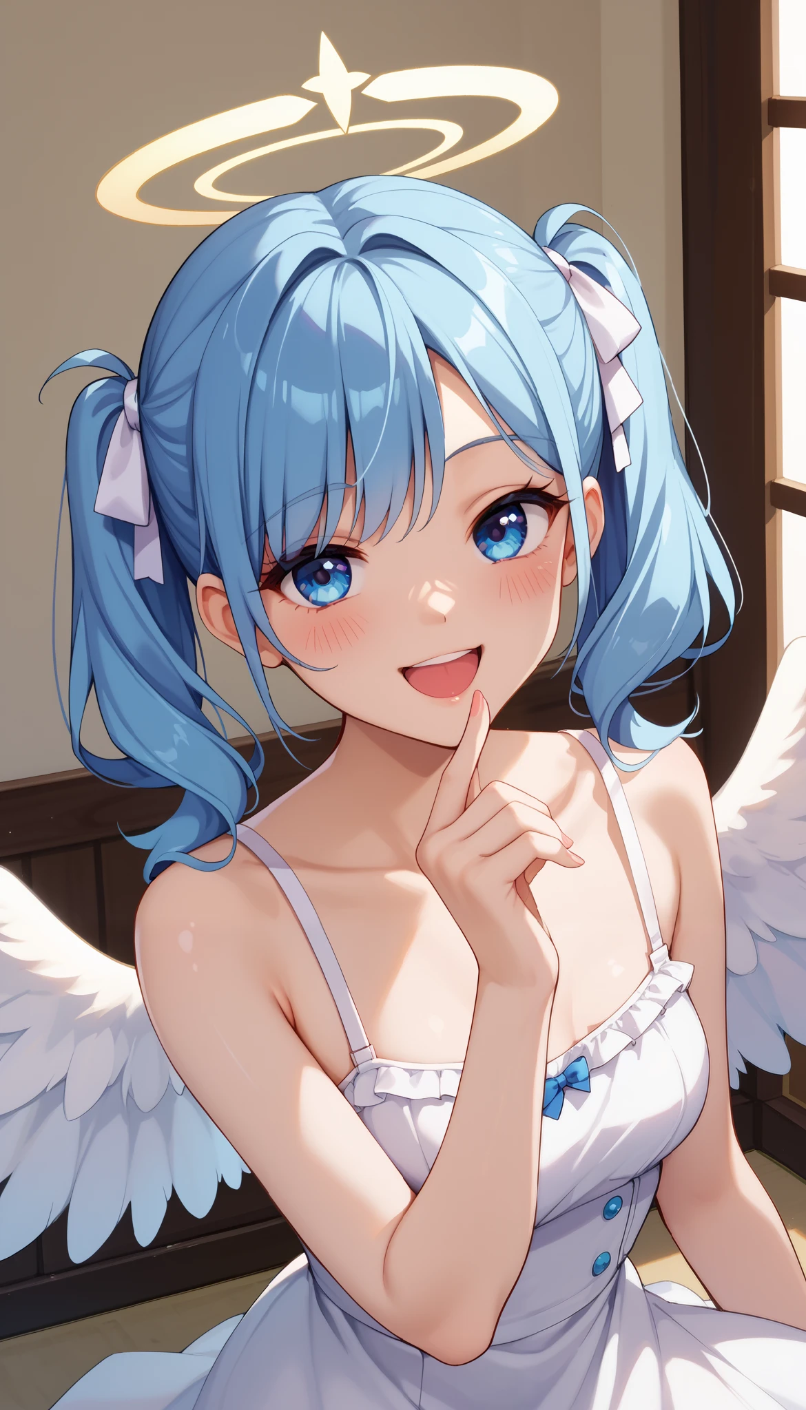 ,、 white angel wings、sheer white dress、An angel is an angel's halo on the head 、heaven、I pray、smile、high definition, look, blush, smiles, opens her mouth, blue eyes, Blue Hair/light blue hair tied at the top, twin tails, of the best quality,