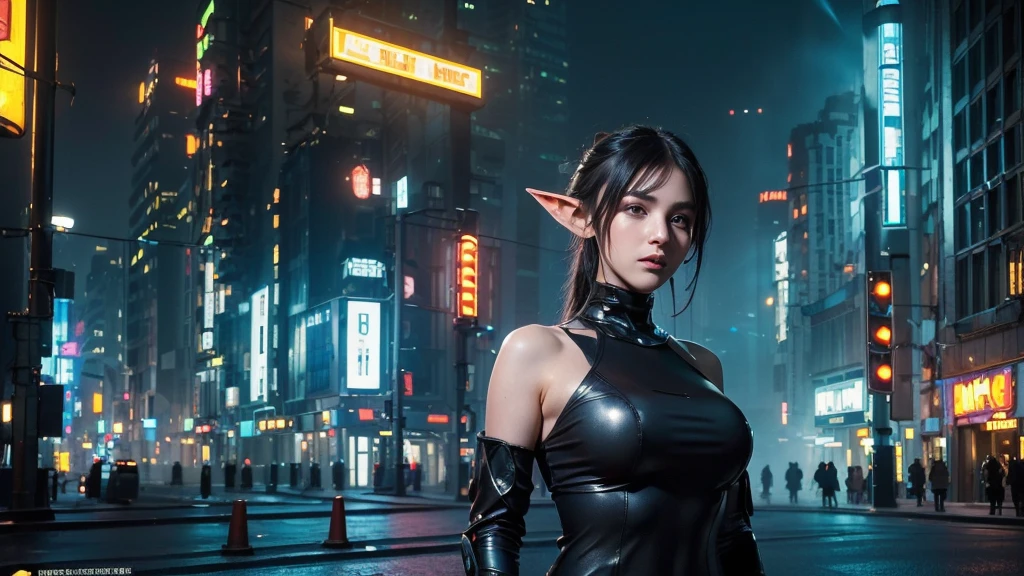 8K,best quality, masterpiece, Ultra-high resolution, (Reality:1.4), RAW photos, (Real skin texture:1.3), (Film Grain:1.3), (Selfie Angle),1 female elf,Beautiful and detailed eyes and face,Off-shoulder,Large Breasts,Postmodern Bodysuit,masterpiece, best quality,close up,Upper body shot, standing on top of the building,Cyberpunk Style Modern Metropolis,night,individual