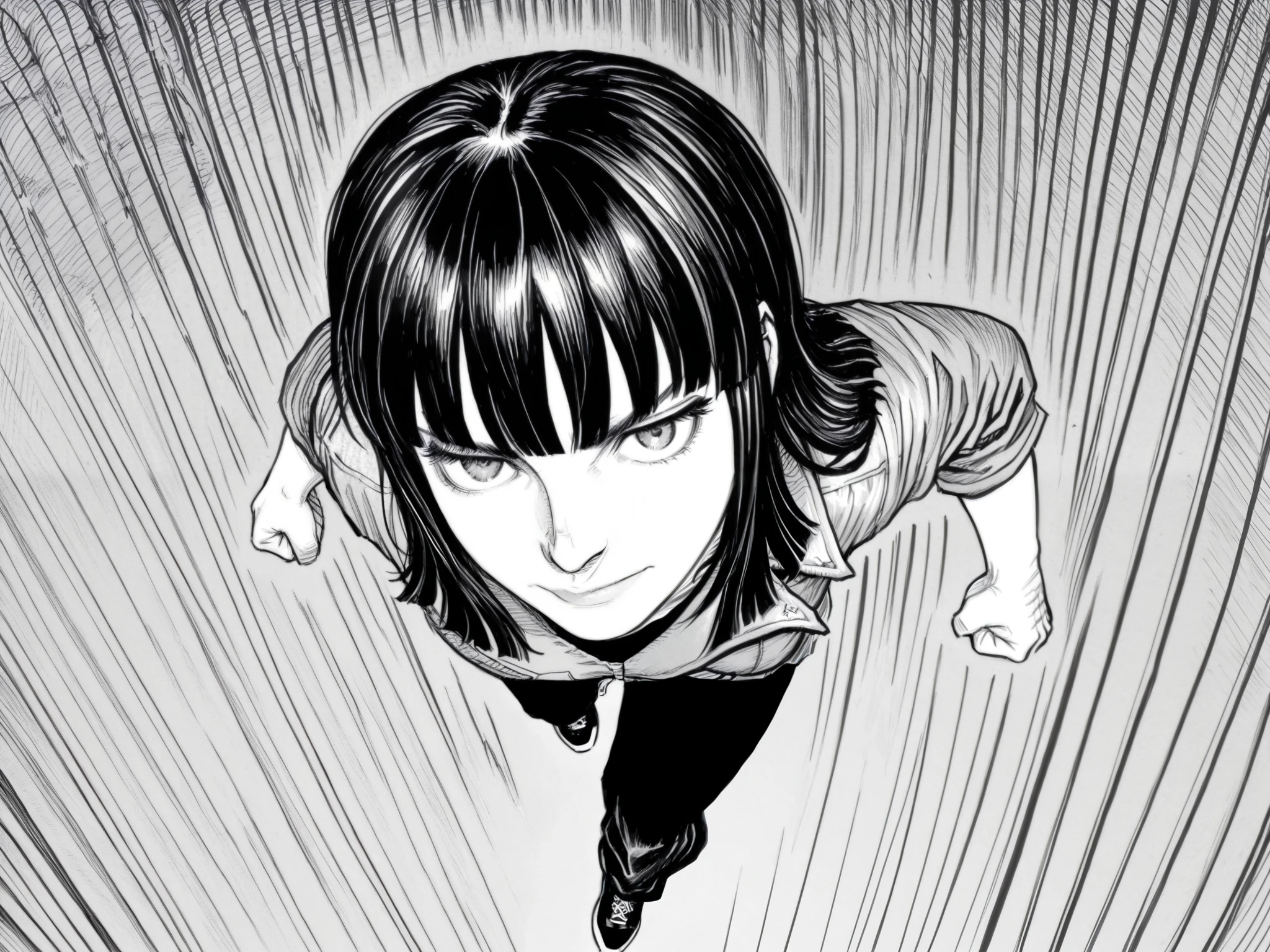 score_9, score_8_up, score_7_up, score_6_up, score_5_up, score_4_up, greyscale, monochrome
BREAK
(masterpiece: 1.0), best quality, perfect anatomy, perfect composition, perfection, manga, linear hatching, crosshatching, contour lines, hatching /texture/, hyperdetailed hatching, hyperdetailed crosshatching. Realistic proportions, realistic anatomy
BREAK
gachiakuta, monochrome, use of shape theory, use of anatomy, defined body, defined textures, defined fabric folds
BREAK
1girl, dynamic pose, foreshortening, fight pose, fist closer to viewer, hime cut hair, black hair, grey eyes, open black puffer jacket, black shirt, black pants, black sneakers,